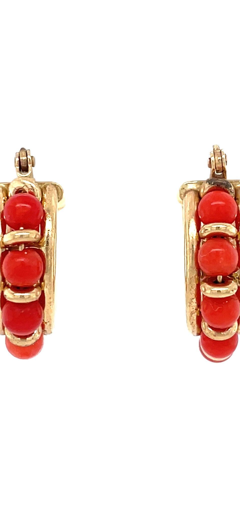Vintage 14K Gold Hoop Earrings with Red Coral